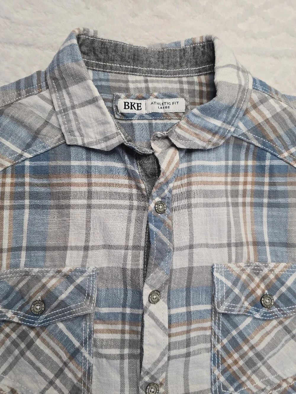 BKE Plaid Button-up Shirt Blue Gray Flannel Cotton Athletic Fit Western L